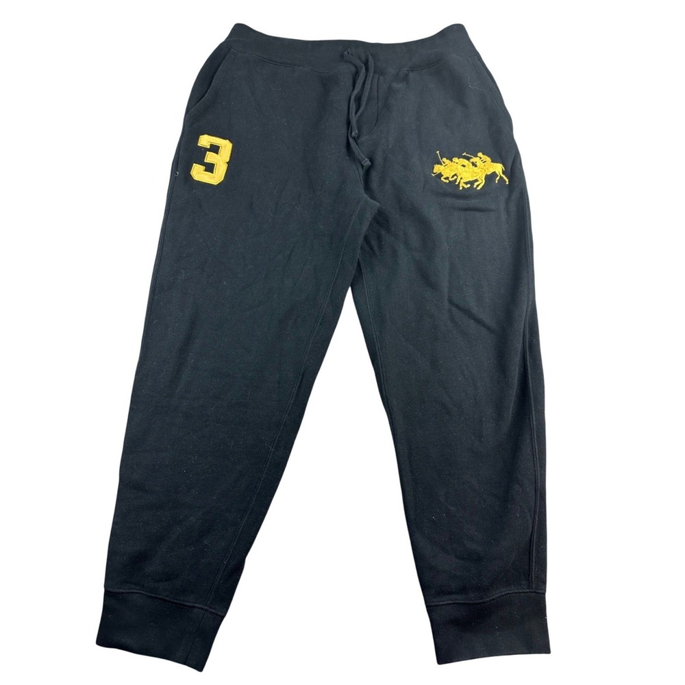 Polo Ralph Lauren Joggers Men L Black Triple Pony Patch 3 Cotton Blend Fleece‎